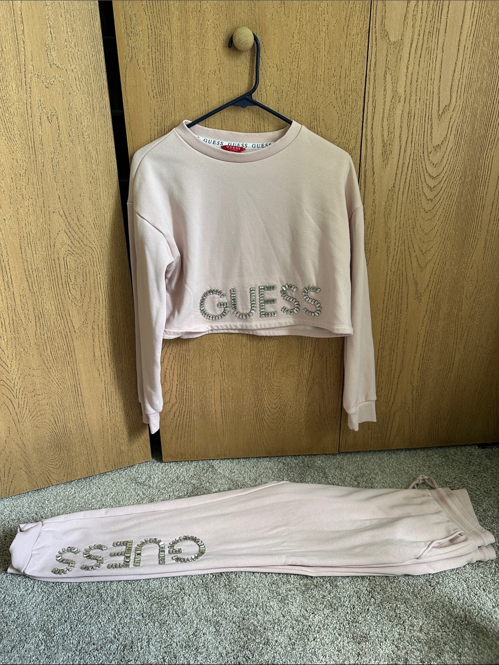 Guess Light Pink Rhinestone Logo Crop Sweatshirt and Joggers Set